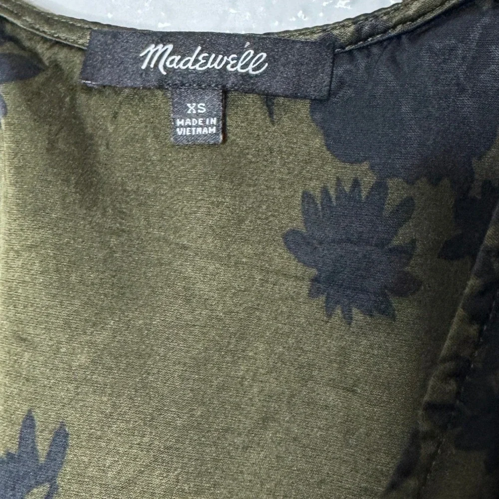 Madewell Shirred Puff Sleeve Top in Satin Mossy Umber Floral Blouse Womens XS